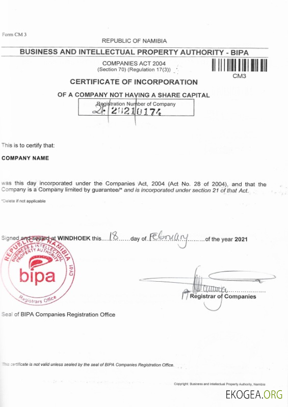 Certificat de société en Namibie